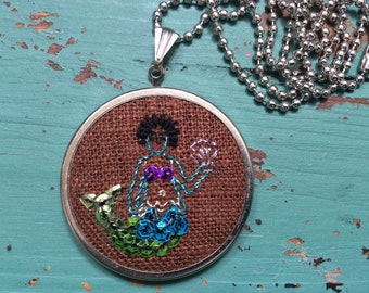 Mermaid Necklace - Embroidered Hoop Pendant - Mini Embroidery - Black Mermaid - Mermaid Embroidery -Mermaid Gift