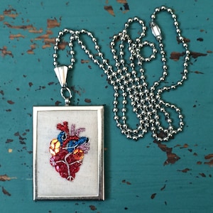 Valentine Gift Anatomical Heart Necklace Embroidered Anatomical Heart Mini Embroidery Embroidered Jewelry image 1