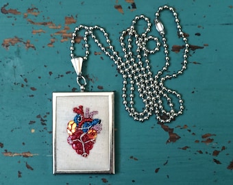 Valentine Gift - Anatomical Heart Necklace - Embroidered Anatomical Heart - Mini Embroidery - Embroidered Jewelry