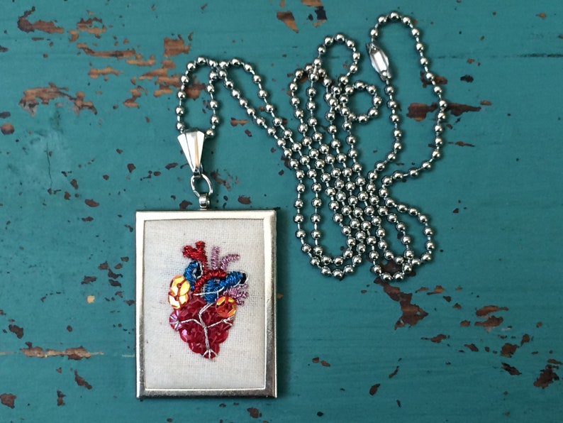 Valentine Gift Anatomical Heart Necklace Embroidered Anatomical Heart Mini Embroidery Embroidered Jewelry image 1