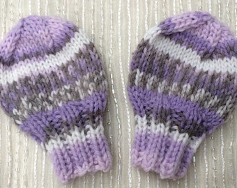 Purple Fair Isle Newborn Mittens - Hand Knit - Thumbless Mittens - KNITTING SALE - IM1