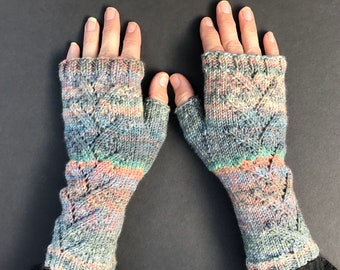 Tweedy Blue and Peach Lace Fingerless Gloves - Hand-Knit Gloves - KNITTING SALE - GL5