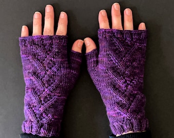 Vivid Purple Fishtail Lace Fingerless Gloves - Hand-Knit Gloves - KNITTING SALE - GL22