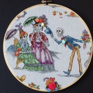 Day of the Dead Hoop Art Embellished Hoop Art Day of the Dead Embroidery Halloween Gift Dia de los Muertos Gift Skeleton Beading image 5