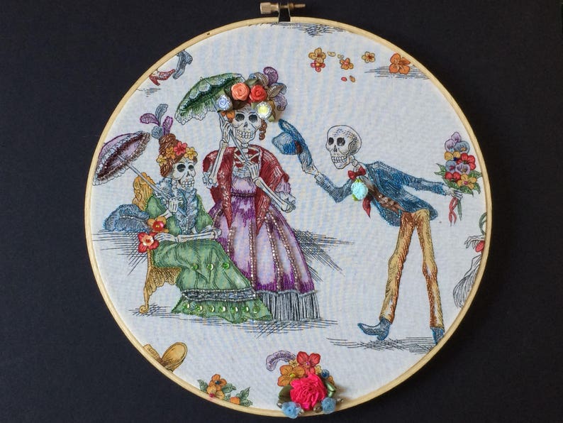 Day of the Dead Hoop Art Embellished Hoop Art Day of the Dead Embroidery Halloween Gift Dia de los Muertos Gift Skeleton Beading image 5