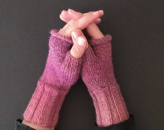 Raspberry Mauve Rolltop Fingerless Gloves - Hand-Knit Gloves - KNITTING SALE - GL23