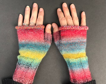 Vibrant Rainbow Rolltop Fingerless Gloves - Hand-Knit Gloves - KNITTING SALE - GL14