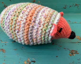 Hand-Knit Hedgehog Stuffed Animal - Orange, Green, Pink - KNITTING SALE - HH3