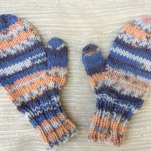 Blue and Peach Fair Isle Children's Mittens Hand Knit KNITTING SALE KM3 image 1
