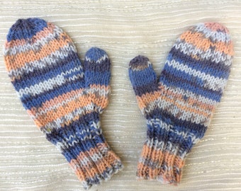 Blue and Peach Fair Isle Children's Mittens - Hand Knit - KNITTING SALE - KM3