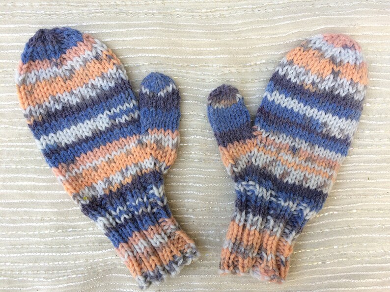 Blue and Peach Fair Isle Children's Mittens Hand Knit KNITTING SALE KM3 image 1