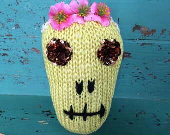 Day of the Dead Sugar Skull Pillow - Day of the Dead Stuffed Sugar Skull - Amigurumi  Skull - Knit Skull - Inspired by Mexican Folk Art