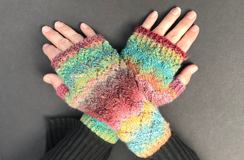 Vibrant Rainbow Lace Fingerless Gloves Hand-Knit Gloves KNITTING SALE GL20 image 4