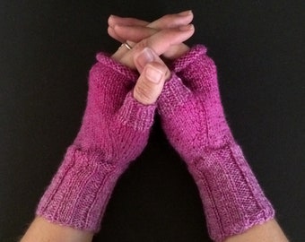 Magenta Rolltop Fingerless Gloves - Hand-Knit Gloves - KNITTING SALE - GL13