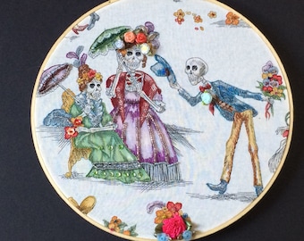 Day of the Dead Hoop Art - Embellished Hoop Art - Day of the Dead Embroidery - Halloween Gift - Dia de los Muertos Gift - Skeleton - Beading