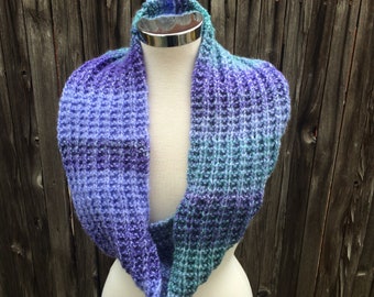 Green, Purple, Blue Short Infinity Loop Scarf, Cowl - KNITTING SALE - CW3