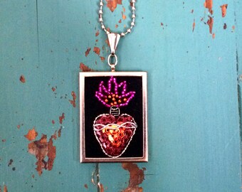 Valentine Gift - Sacred Heart Necklace - Embroidered Sacred Heart - Mini Embroidery - Embroidered Jewelry