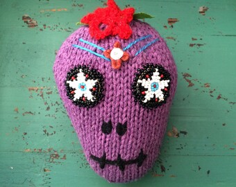 Day of the Dead Sugar Skull Pillow - Day of the Dead Stuffed Sugar Skull - Amigurumi  Skull - Knit Skull - Inspired by Mexican Folk Art