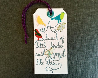 Little Birdies Holiday Gift Tag Hand-Lettered with Aqua Calligraphy, Purple Tie, White Paper