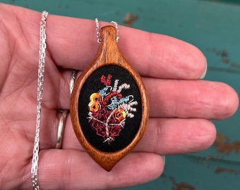 Anatomical Heart Necklace Valentine - Embroidered Anatomical Heart - Mini Embroidery -  Embroidered Jewelry - Sterling Chain - Romantic Gift