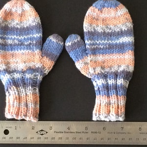 Blue and Peach Fair Isle Children's Mittens Hand Knit KNITTING SALE KM3 image 3