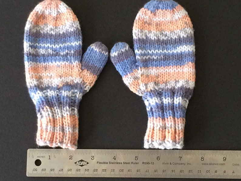 Blue and Peach Fair Isle Children's Mittens Hand Knit KNITTING SALE KM3 image 3