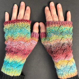 Vibrant Rainbow Lace Fingerless Gloves Hand-Knit Gloves KNITTING SALE GL20 image 1