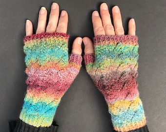 Vibrant Rainbow Lace Fingerless Gloves - Hand-Knit Gloves - KNITTING SALE - GL20
