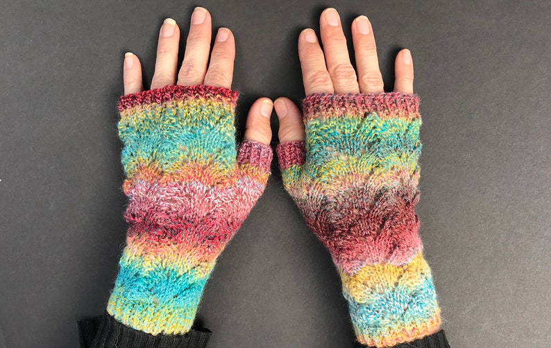 Vibrant Rainbow Lace Fingerless Gloves Hand-Knit Gloves KNITTING SALE GL20 image 1