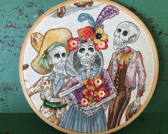 Day of the Dead Hoop Art - Embellished Hoop Art - Day of the Dead Embroidery - Halloween Gift - Dia de los Muertos Gift - Skeleton - Beading