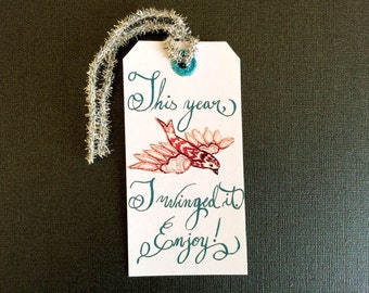 Bird Holiday Gift Tag Hand-Lettered with Aqua Calligraphy, Tinsel Tie, White Paper