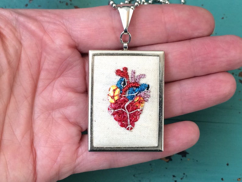 Valentine Gift Anatomical Heart Necklace Embroidered Anatomical Heart Mini Embroidery Embroidered Jewelry image 7