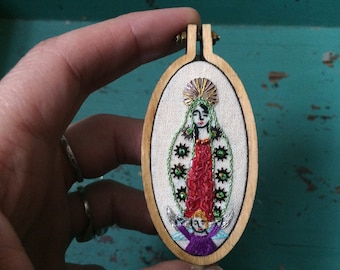 Virgin of Guadalupe Miniature Embroidered Hoop Art with Sequins - Inspired by Mexican Folk Art - Saint - Christmas Gift - Protective Charm