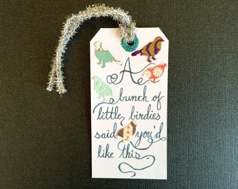 Little Birdies Holiday Gift Tag Hand-Lettered with Aqua Calligraphy, Tinsel Tie, White Paper