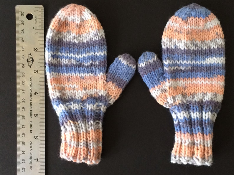 Blue and Peach Fair Isle Children's Mittens Hand Knit KNITTING SALE KM3 image 4