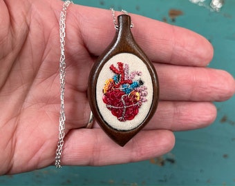 Anatomical Heart Necklace Valentine Gift - Romantic Gift - Mini Embroidery - Sterling Silver Chain -  Embroidered Jewelry