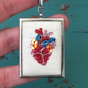 Valentine Gift Anatomical Heart Necklace Embroidered Anatomical Heart Mini Embroidery Embroidered Jewelry image 5