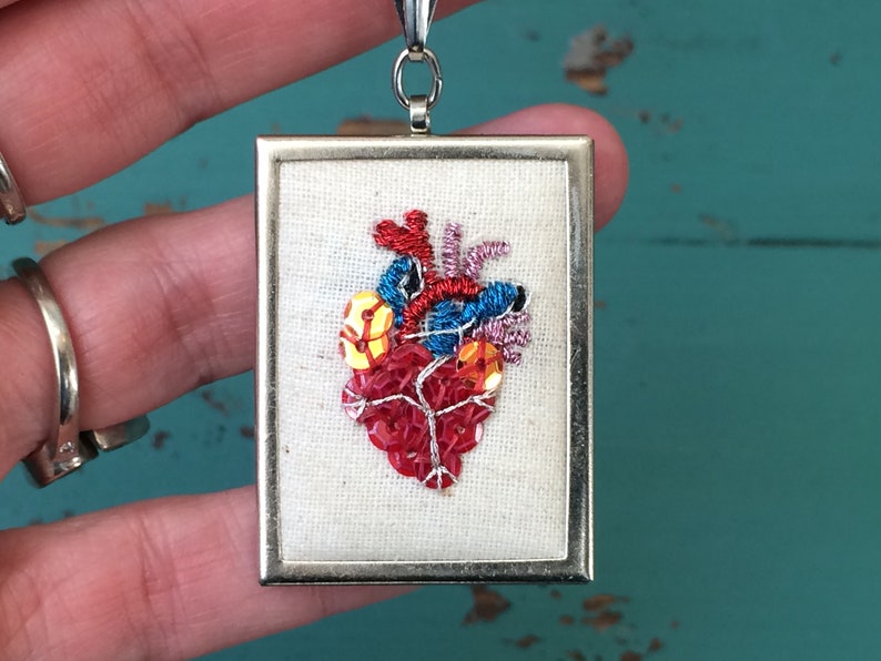 Valentine Gift Anatomical Heart Necklace Embroidered Anatomical Heart Mini Embroidery Embroidered Jewelry image 5