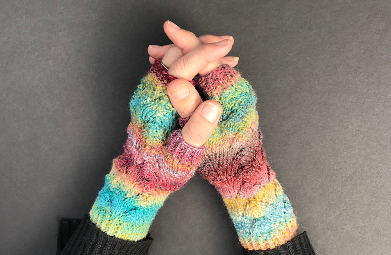 Vibrant Rainbow Lace Fingerless Gloves Hand-Knit Gloves KNITTING SALE GL20 image 2