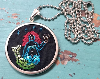 Mermaid Necklace - Embroidered Hoop Pendant - Mini Embroidery - Mermaid Embroidery - Gift for Women