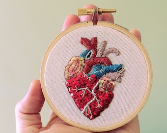 Anatomical Heart Hoop Art Valentine - Anatomical Art, Mexican Folk Art Inspired, Unique Romantic Gift, Gift for Doctor, Nurse, Health Worker