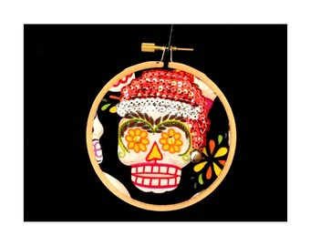 Day of the Dead Santa Ornament - Skull Hoop Art - Day of the Dead Hoop Art - Santa Skull - Mexican Folk Art Inspired - Coco - Folk Art Gift