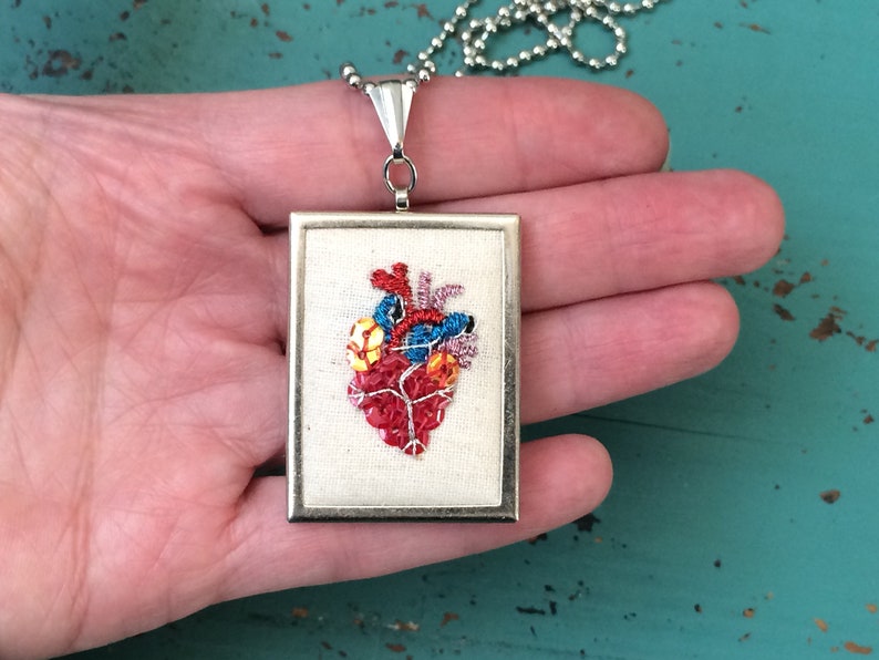 Valentine Gift Anatomical Heart Necklace Embroidered Anatomical Heart Mini Embroidery Embroidered Jewelry image 3