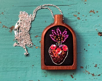 Sacred Heart Necklace Valentine - Adjustable Sterling Silver Chain - Romantic Gift - Mini Embroidery -Embroidered Jewelry, Spiritual Jewelry