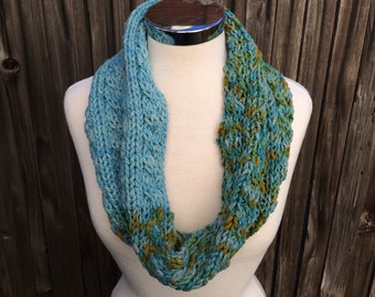 Blue & Green Short Cable-Knit Infinity Loop Scarf, Cowl - KNITTING SALE - CW4