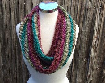 Maroon, Turquoise, Green Infinity Loop Scarf - KNITTING SALE - SC9