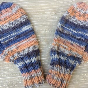 Blue and Peach Fair Isle Children's Mittens Hand Knit KNITTING SALE KM3 image 2