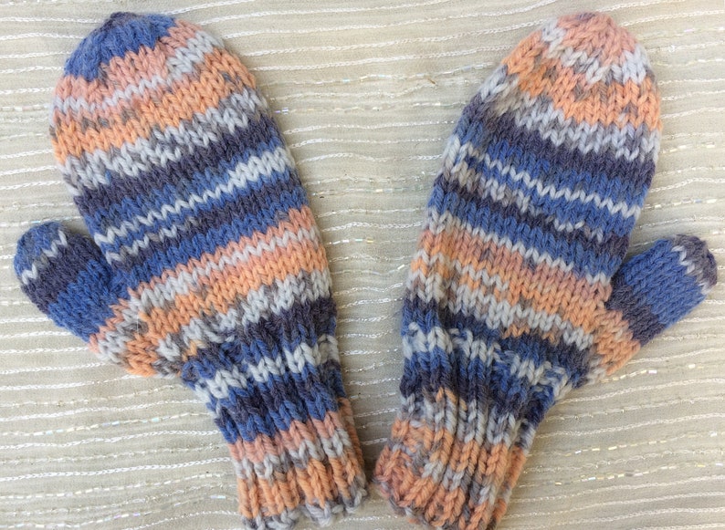 Blue and Peach Fair Isle Children's Mittens Hand Knit KNITTING SALE KM3 image 2