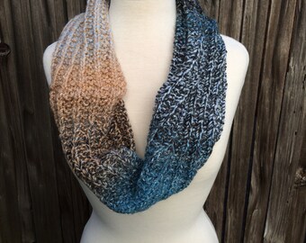 Blue & Tan Short Infinity Loop Scarf, Cowl - KNITTING SALE - CW1