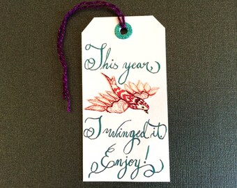 Bird Holiday Gift Tag Hand-Lettered with Aqua Calligraphy, Purple Tie, White Paper